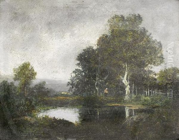 Auenlandschaft Mit Bauerin. by Leon Victor Dupre