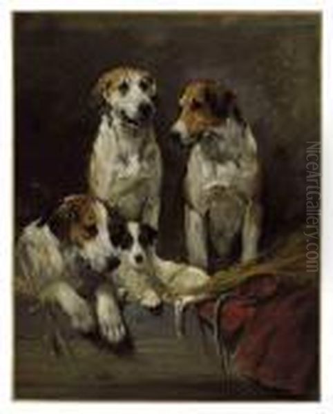 Three Hounds And A Terrier In A Barn Interior by John Emms