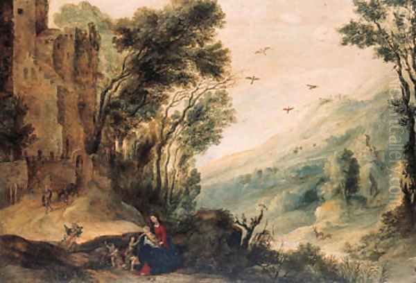 An extensive landscape with the Rest on the Flight into Egypt by Gijsbrecht Leytens