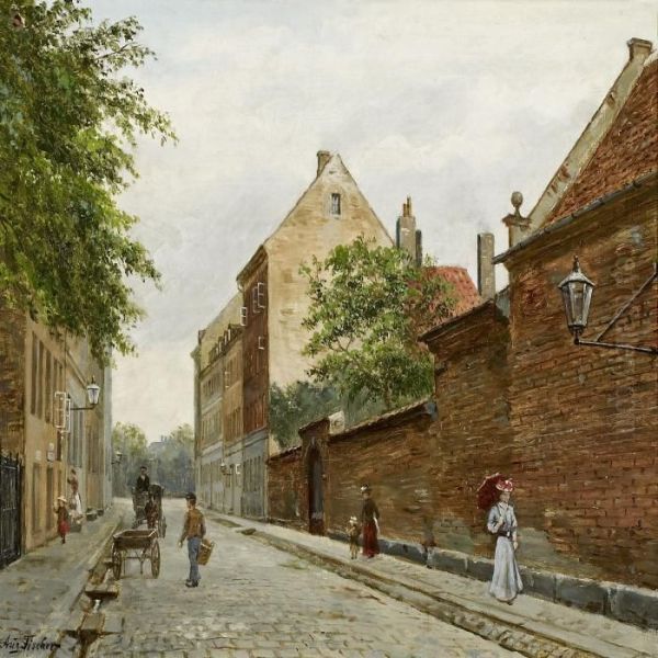 Part Of The Street Withpromenading People by August Fischer