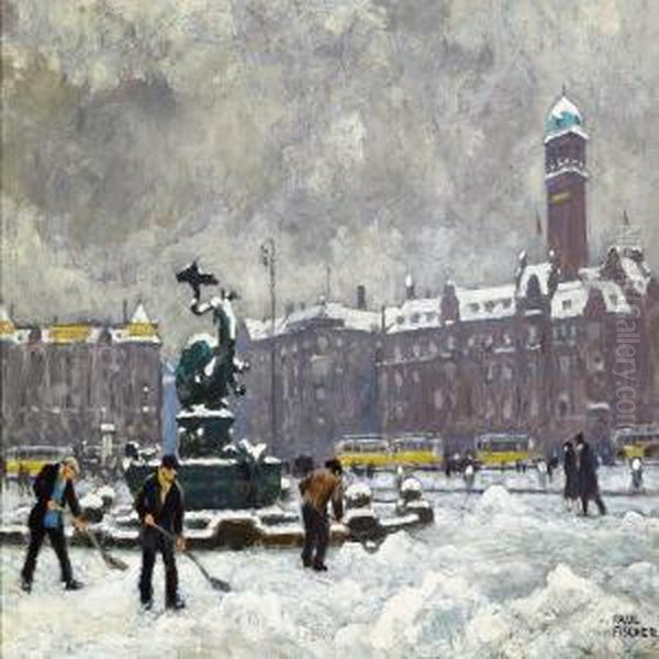 The Town Hall Squarein Copenhagen With The Dragon Fountain by Paul-Gustave Fischer