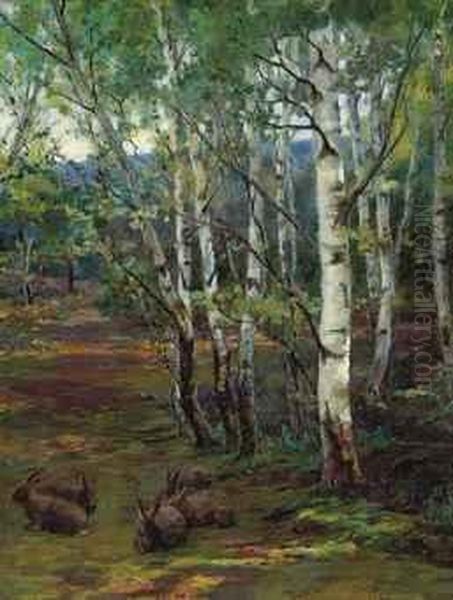 Rabbits And A Robin In A Dappled Glade by Stanhope Alexander Forbes