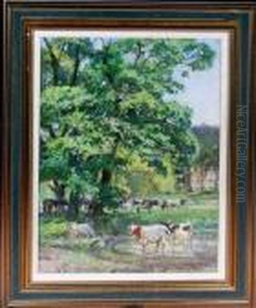 Cattle Grazing In The Grounds Of A Country House by Stanhope Alexander Forbes