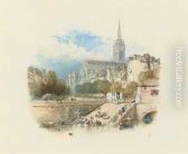 The Church Of St Pierre, Caen, Seen From The River by Myles Birket Foster