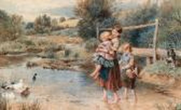 Children Paddling In A Stream by Myles Birket Foster