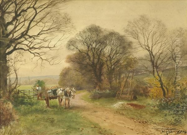 Leading The Cattle Horse Drawn Cart by Henry Charles Fox