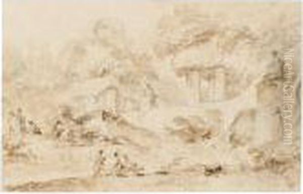 Figures In A Park With A Cascade And Antique Statues by Jean-Honore Fragonard