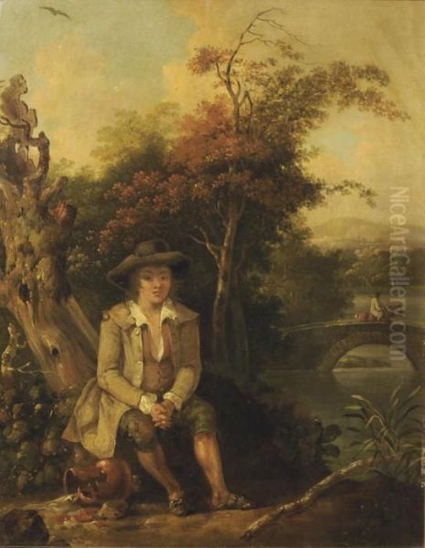 Boy Seated Beside A River, A Figure On Horseback On A Bridge Nearby by Thomas Gainsborough