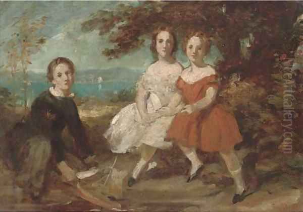 A group portrait of three children, small full-length, seated in a landscape, a sketch by Daniel Maclise