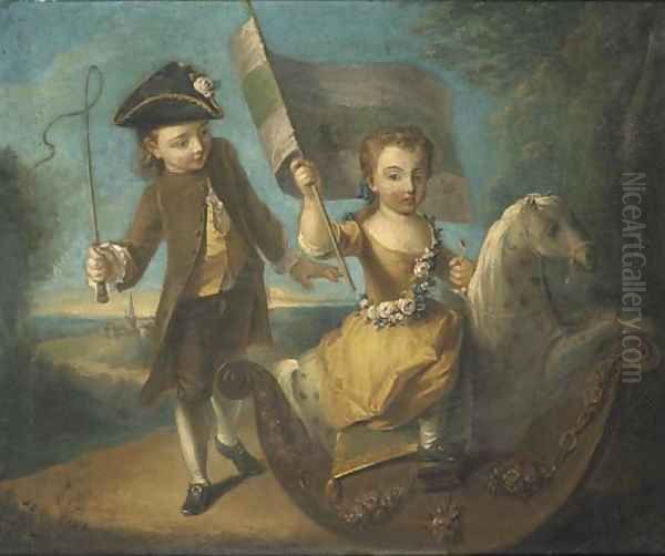 Double portrait of a girl and a boy, he full-length, in a green suit and yellow waistcoat wearing a tricorn, holding a whip in his right hand by Philipe Mercier