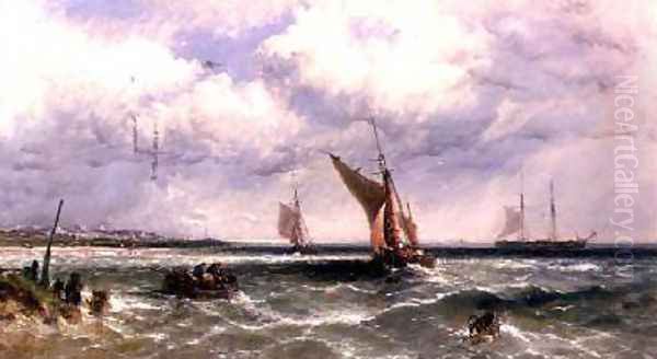 Fishing Boats Coming into Shore with a Two-Master at Anchor Beyond by James Edwin Meadows