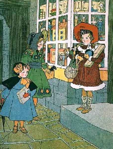 A Visit to the Toyshop page from an illustrated childrens book by A. E. Moore