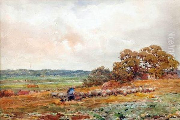 Sheep And Dog In A Landscape by Claude Hayes