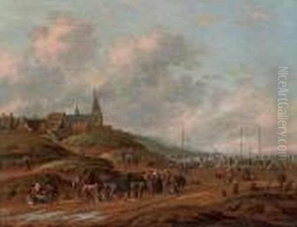 A View Of The Beach At Egmond Aan Zee With Fisherman Selling Their Catch by Thomas Heeremans