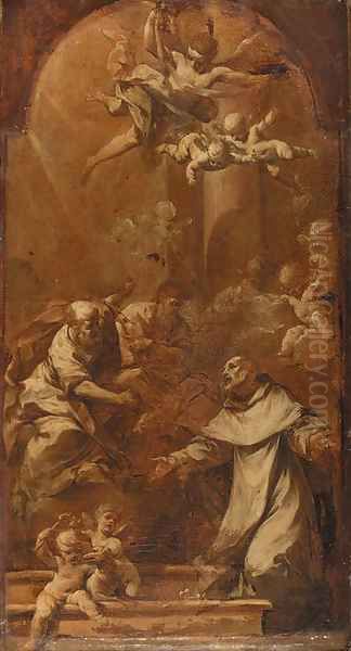 Saints Peter and Paul appearing to Saint Dominic, a modello, en grisaille, painted arched top by Francesco Monti