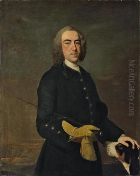 Portrait Of A Gentleman, 
Three-quarter-length, In A Green Coat, Holding A Riding Crop, With A 
Hound By His Side, In A Landscape by Thomas Hudson