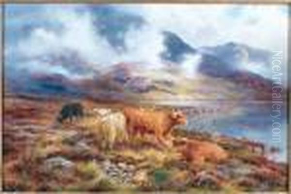 Highland Cattle By A Loch by Louis Bosworth Hurt