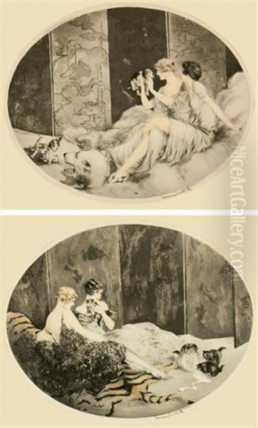 Puppies; Spilled Milk (holland/catania/isen 254; 255) by Louis Icart