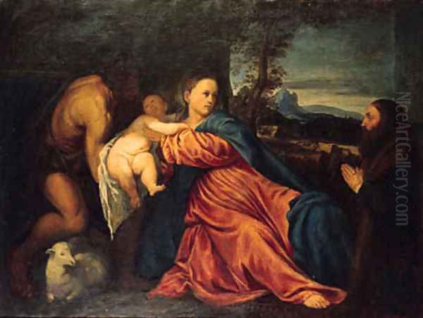 The Madonna and Child adored by Saint John the Baptist and a male donor, in a landscape by Gilda Moise