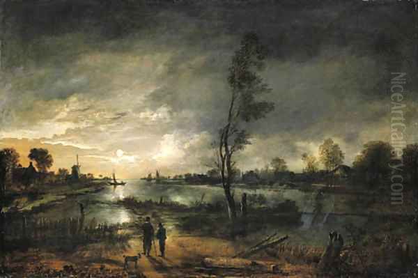 A moonlit river landscape with figures and a town beyond by Aert van der Neer