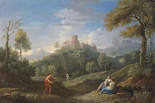 An extensive mountainous landscape with figures on a path, a castle beyond by Jan Frans Van Bloemen (Orizzonte)