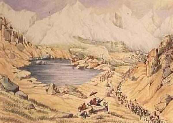 Soldiers invading Tibet from Nepal entrance to the Keerung Pass. The plain is part of the Town of Keerung with the Valley of Pauring Tiar and the Buoria Gondu river May 1855 by Dr. H.A. Oldfield