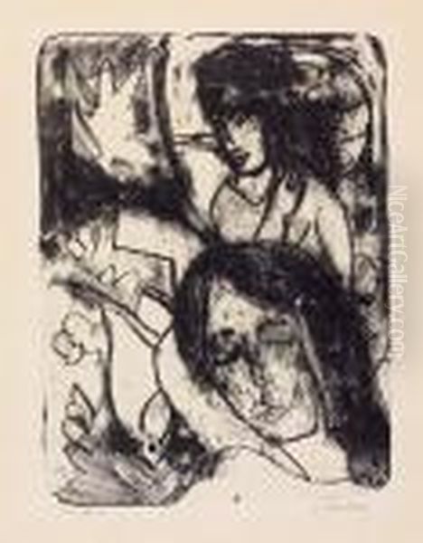 Schlafende Erna Mit Holzplastik Dahinter by Ernst Ludwig Kirchner