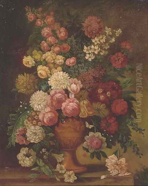 Roses, chrysanthemums, a parrot tulip, morning glory, narcissi and other flowers in a carved urn on a ledge by Jan van Os