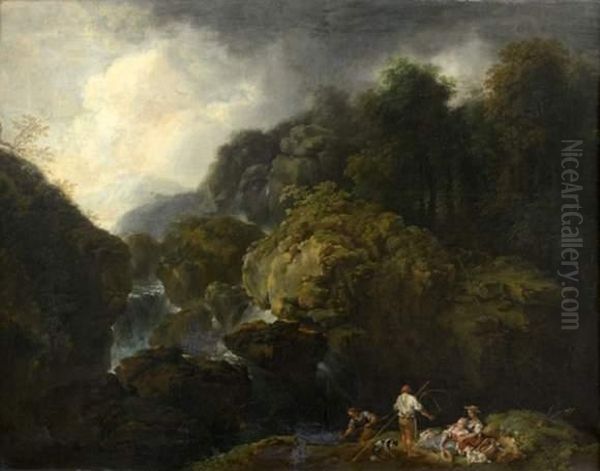 Pecheurs Et Paysannes Se Reposant Pres D'une Cascade by Ferdinand Kobell