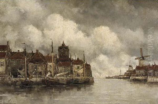 Moored Vessels Along A Quay In A Dutch Town by Hermanus Jr. Koekkoek