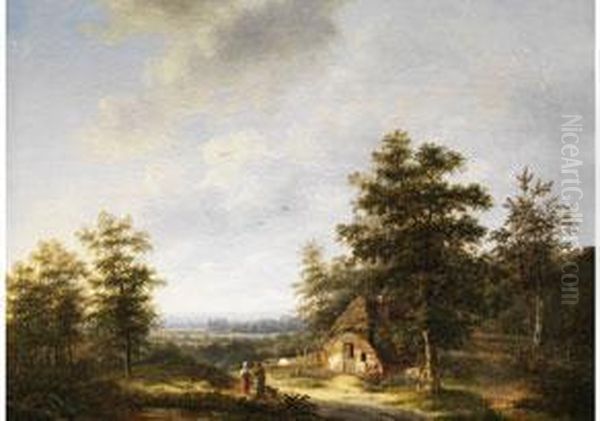 Baumlandschaft Mit Strohgedeckter Hutte Undfigurenstaffage by Marianus Adrianus Koekkoek