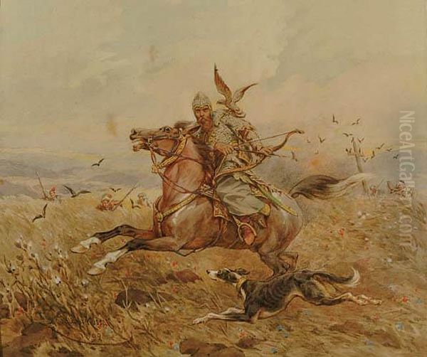 Hetman Kozacki Zmija Na Polowaniu Z Sokolem by Juliusz Kossak