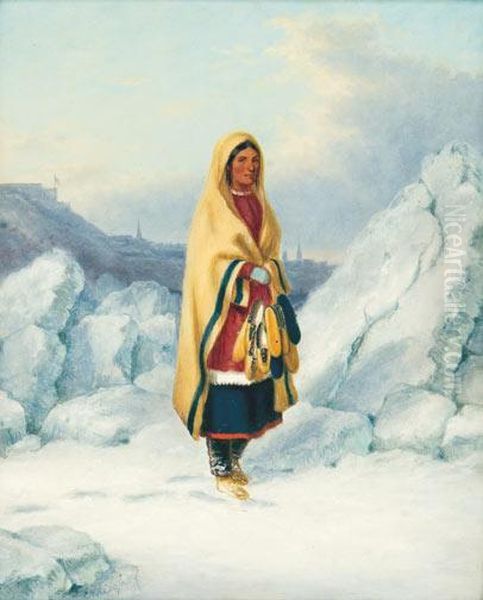 Young Lorette Indian On The River Before Quebec by Cornelius Krieghoff