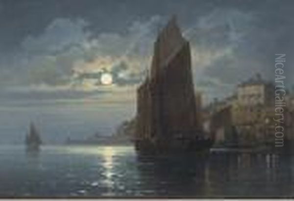 Vessels At Their Moorings Under Moonlight by Charles Euphrasie Kuwasseg