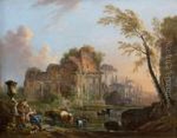 Bergers Pres Des Ruines De La Basilique Saint Maxence by Jean-Baptiste Lallemand