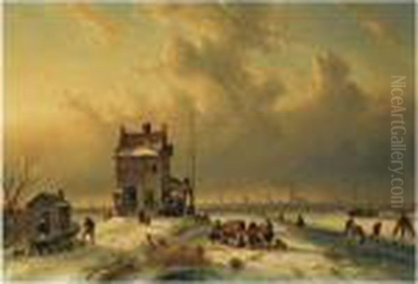 Busy Townsfolk On The Ice, Amsterdam In The Distance by Charles Henri Leickert