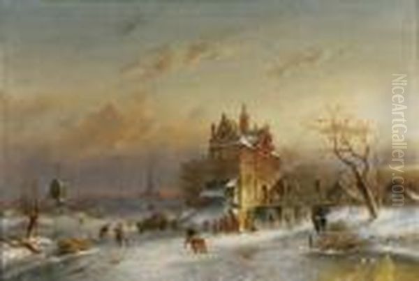 A Frozen River Landscape by Charles Henri Leickert