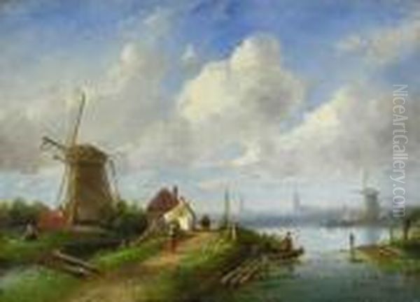 Hollandische Landschaft Mit Windmuhlen, Wasserlauf Und Einer Stadt In Der Ferne by Charles Henri Leickert