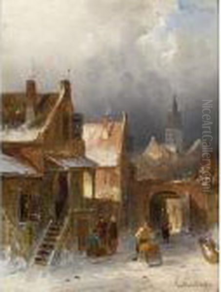 Figures In A Snow Covered Street by Charles Henri Leickert