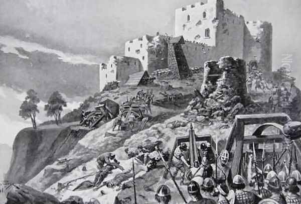 The Welsh attack on Montgomery Castle in 1095 led by Cadwgan ap Bleddyn, Prince of Powys, illustration from the book The History of the Nation by Alfred Pearse