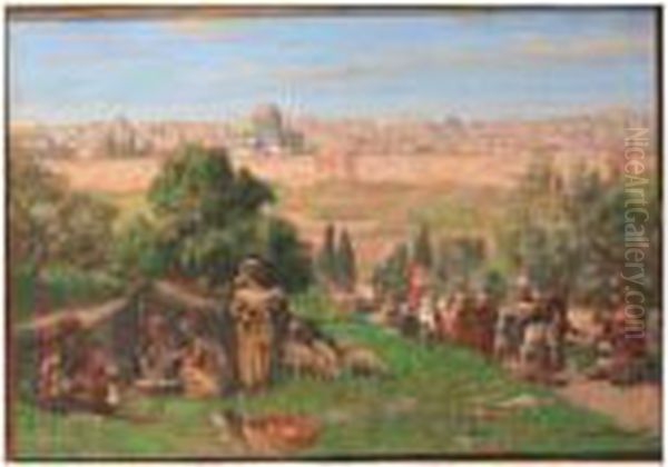 A View Of Jerusalem With The Holy Family In The Foreground by Georg Macco