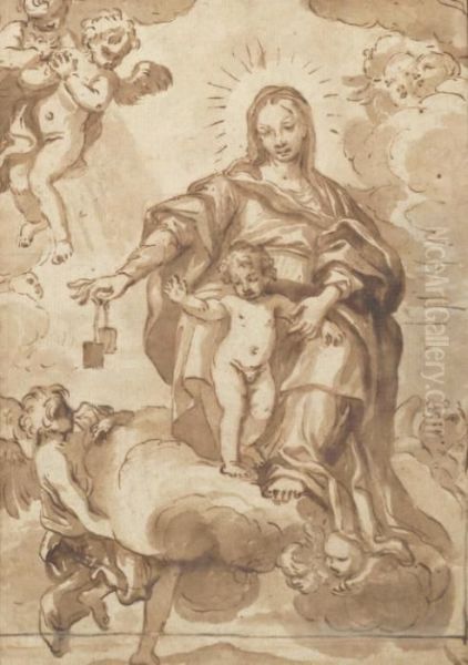 The Madonna And Child Surrounded By Angels by Carlo Maratta or Maratti