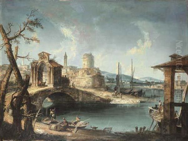 A Capriccio Of A Mediterranean Coastal Town With Fishermen By Abridge by Michele Marieschi