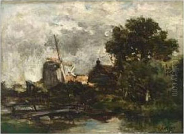 Windmills In A Polder Landscape by Jacob Henricus Maris