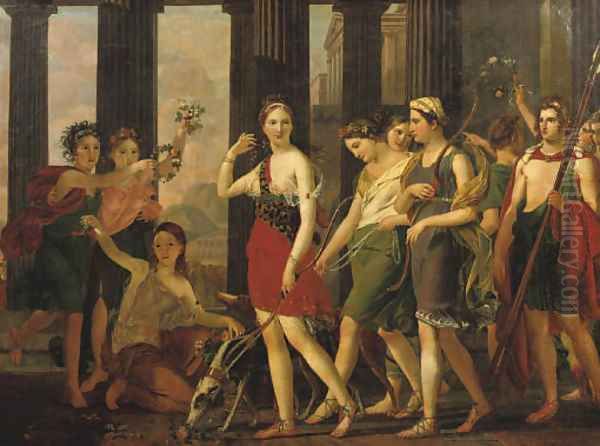 Anthia and her companions leaving for a hunting party by Joseph Paelinck