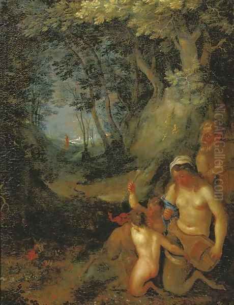 A wooded landscape with satyrs and a nymph playing music by Cornelis Van Poelenburgh