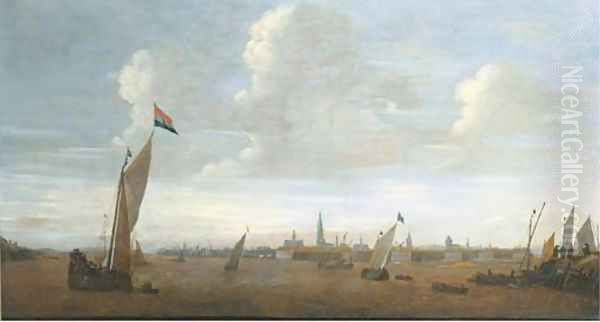 Shipping on the river Scheldt with Antwerp in the distance by Bonaventura Peeters