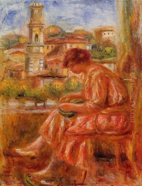 Woman At The Window With A View Of Nice by Pierre Auguste Renoir