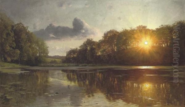 Sunset Over A Forest Lake by Peder Mork Monsted