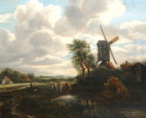 A River Landscape With A Farmer Watering His Horses And A Windmill Beyond by Patrick, Peter Nasmyth